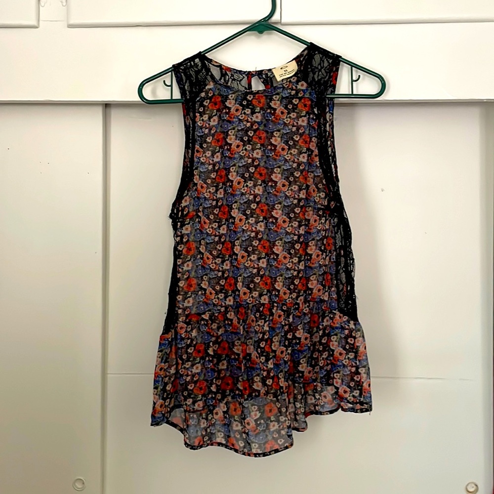 Pins & needles size xs sheer floral hi lo top with black lace details